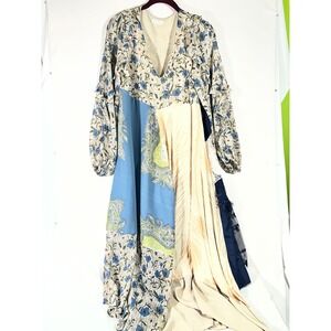 By The River Patchwork Floral Lace Maxi Dress Women M Blue Cream Boho Hippie Art